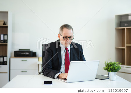 Mature businessman working in office with laptop, tablet, and notes. Perfect for business, finance, accounting 133019697