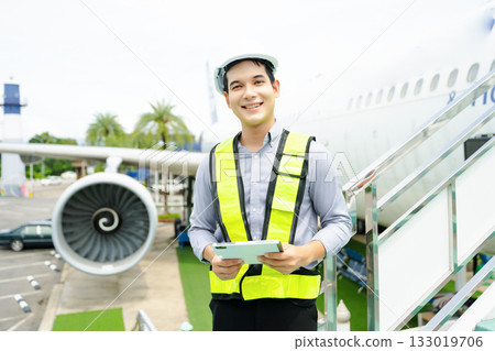 Ground crew engineer in safety vest and helmet giving thumbs up near airplane, ideal for aviation, safety, 133019706