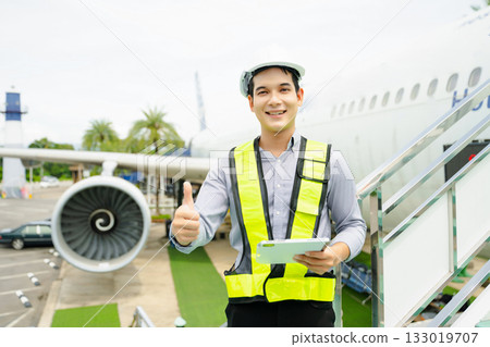 Aviation engineer inspects airplane for safety compliance. Professional aerospace technician at work in airport maintenance Aviation engineer inspects airplane for safety compliance. Professional aerospace technician at work in airport maintenance 133019707