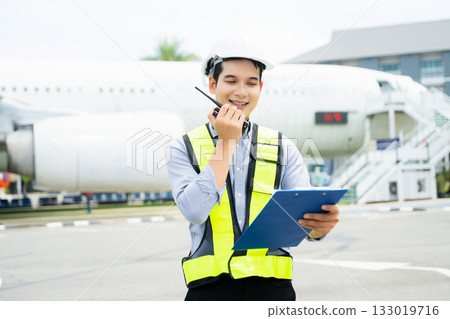 Aviation engineer inspects airplane for safety compliance. Professional aerospace technician at work in airport maintenance Aviation engineer inspects airplane for safety compliance. Professional aerospace technician at work in airport maintenance 133019716
