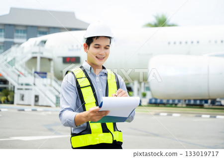 Aviation engineer inspects airplane for safety compliance. Professional aerospace technician at work in airport maintenance 133019717