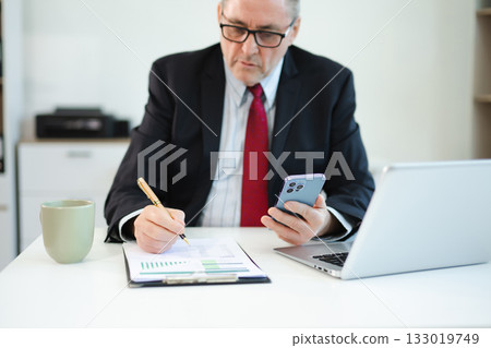 Mature business man executive manager looking at laptop watching online webinar training or having virtual working in office. 133019749