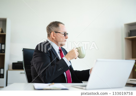 Mature business man executive manager looking at laptop watching online webinar training or having virtual working in office. 133019758