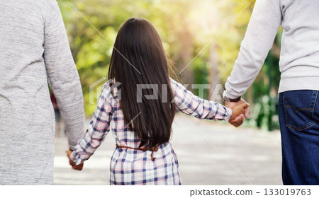 Back, park and a girl holding hands with her grandparents while walking together in a garden during summer. Nature, family or kids and a female child, grandmother and grandfather bonding outdoor Back, park and a girl holding hands with her grandparents while walking together in a garden during summer. Nature, family or kids and a female child, grandmother and grandfather bonding outdoor 133019763