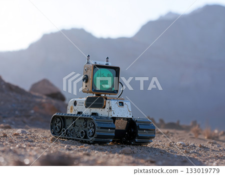 Robot Rover Exploring Rocky Terrain With a Camera Display in the Background Mountains During Daytime 133019779