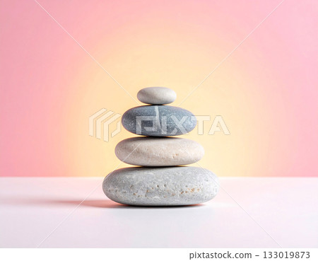 Soft aura, balanced stones, pastel scene, Symbolizing harmony of mindfulness and motivation 133019873