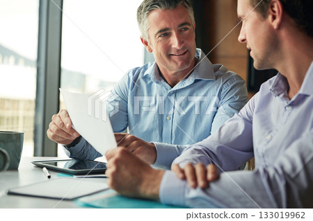 Business man, manager and documents, meeting and planning accounting, data analysis and budget report. Professional people, accountant or happy clients with paperwork review, taxes and office advice 133019962