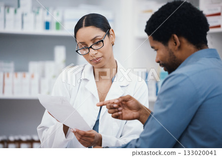 Pharmacy, reading prescription and pharmacist with customer for pills, medical supplements and medicine. Healthcare, hospital and woman help man with pharma script, drugs and medication in dispensary Pharmacy, reading prescription and pharmacist with customer for pills, medical supplements and medicine. Healthcare, hospital and woman help man with pharma script, drugs and medication in dispensary 133020041