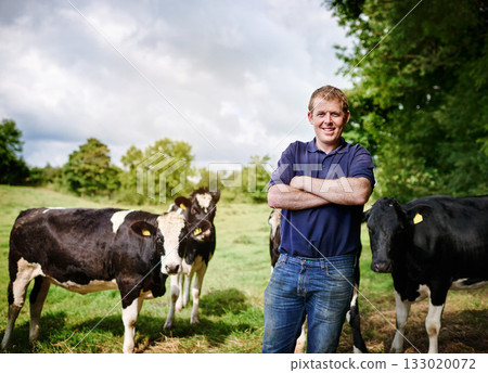 Portrait, agriculture and cows with a man on a dairy farm outdoor in summer for natural sustainability. Confident, milk or meat farming and a young male farmer standing on an open field or meadow 133020072