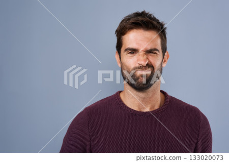 Doubt, unsure and portrait of man in studio with doubtful, uncertain and thoughtful on gray background. Thinking, mockup space and face of male person skeptical for decision, choice and question Doubt, unsure and portrait of man in studio with doubtful, uncertain and thoughtful on gray background. Thinking, mockup space and face of male person skeptical for decision, choice and question 133020073