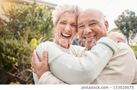 Portrait, smile and senior couple hug, countryside vacation and loving together for romance, relationship and bonding. Love, mature woman and elderly man embrace, affection and quality time outdoor Portrait, smile and senior couple hug, countryside vacation and loving together for romance, relationship and bonding. Love, mature woman and elderly man embrace, affection and quality time outdoor 133020078