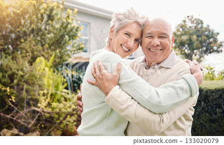Happy, love and hug with portrait of old couple for bonding, support and retirement. Smile, affectionate and embrace with senior man and woman in backyard of home for proud, confidence and marriage Happy, love and hug with portrait of old couple for bonding, support and retirement. Smile, affectionate and embrace with senior man and woman in backyard of home for proud, confidence and marriage 133020079