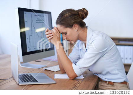 Frustrated woman, computer and stress for office data, stock market crash and financial crisis review. Worried female trader at desk, pc and anxiety of bankruptcy risk, business debt and poor economy 133020122