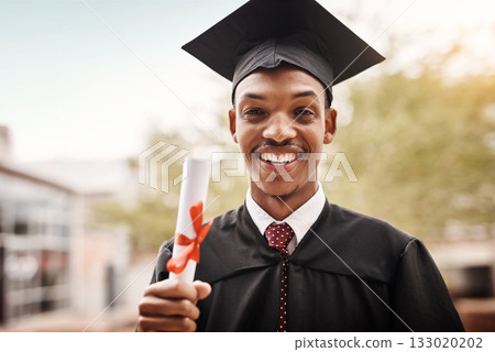 Graduation, black man and portrait of a university student with a diploma and happiness outdoor. Male person happy to celebrate college achievement, education success and future at school event Graduation, black man and portrait of a university student with a diploma and happiness outdoor. Male person happy to celebrate college achievement, education success and future at school event 133020202