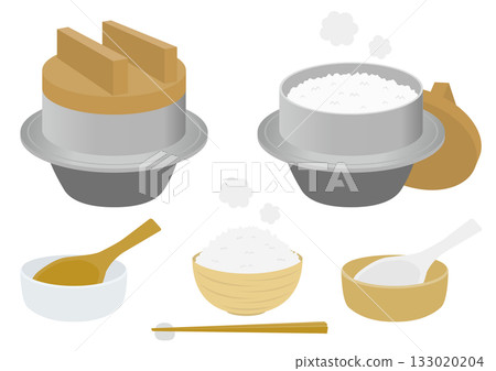 Set of illustrations of a kettle, rice bowl and rice paddle 133020204