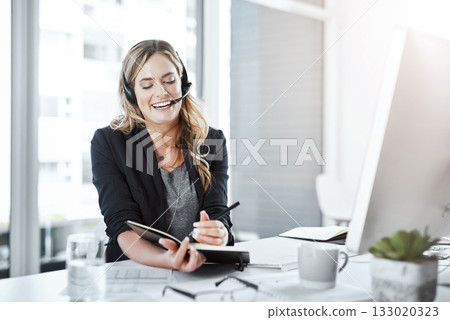 Planning, secretary and female receptionist in office while working on customer support communication. Call center, telemarketing and happy woman agent with crm strategy with desktop in the workplace Planning, secretary and female receptionist in office while working on customer support communication. Call center, telemarketing and happy woman agent with crm strategy with desktop in the workplace 133020323