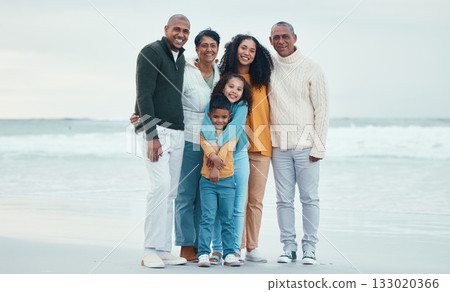 Portrait of grandparents, parents and children on beach enjoy holiday, travel vacation and weekend together. Happiness, nature and happy family smile for bonding, quality time and relaxing by sea 133020366
