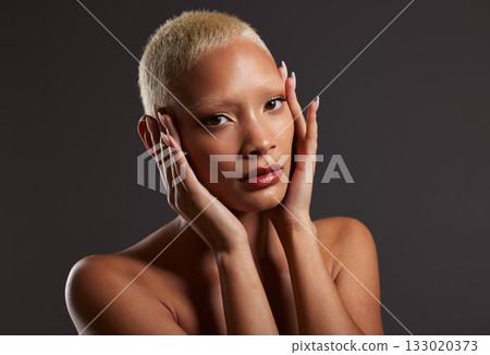 Makeup, cosmetics and skincare, portrait of black woman in dark studio with platinum hair style isolated on grey background. Art, aesthetic and relax, African model in skin glow and luxury spa facial Makeup, cosmetics and skincare, portrait of black woman in dark studio with platinum hair style isolated on grey background. Art, aesthetic and relax, African model in skin glow and luxury spa facial 133020373