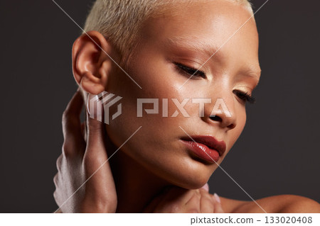 Beauty, makeup and face of black woman in dark studio with platinum hair isolated on grey background. Art aesthetic, cosmetics and beautiful African model with skincare, luxury spa facial and zoom. 133020408