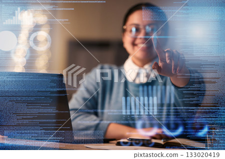 Business worker, hands or hologram screen in night office on financial software, stock market trading or growth tech data. Zoom, finger or abstract touch for finance chart or happy interactive woman 133020419