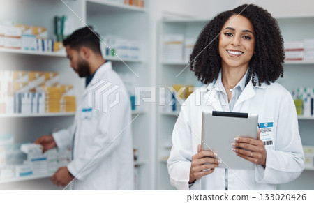 Smile, tablet and portrait of woman pharmacist with online checklist and happy to help with advice. Confidence, medicine and medical professional and healthcare consultant in wellness pharmacy. Smile, tablet and portrait of woman pharmacist with online checklist and happy to help with advice. Confidence, medicine and medical professional and healthcare consultant in wellness pharmacy. 133020426