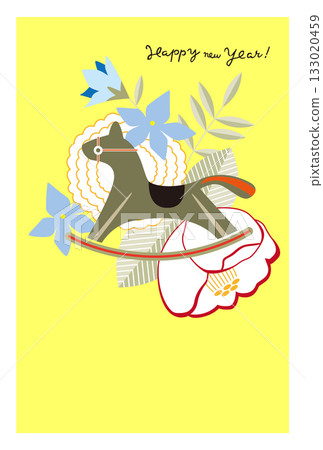 New Year's Card - Year of the Horse - Rocking Horse and Flower Illustration - Postcard Template 133020459