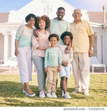 Real estate, property and portrait against family house, happy and excited for new home or relocation. Face, smile and children with parents and grandparents together for moving, dream and relocating Real estate, property and portrait against family house, happy and excited for new home or relocation. Face, smile and children with parents and grandparents together for moving, dream and relocating 133020535