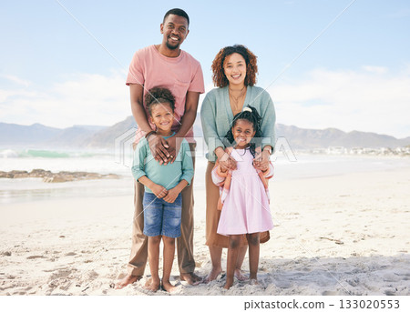 Happy portrait, nature and black family on beach holiday for peace, freedom and outdoor quality time together. Love, ocean sea sand or Jamaica children, father and mother smile with vacation sunshine 133020553