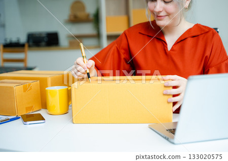 Closeup of young Caucasian woman preparing cardboard box for shipping in a home office. E-commerce, small business, and remote work concept 133020575