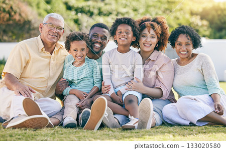 Portrait of grandparents, parents and children in garden enjoy holiday, summer vacation and weekend. Black family, happy and mother, father and kids smile for quality time, relax and bonding outdoors Portrait of grandparents, parents and children in garden enjoy holiday, summer vacation and weekend. Black family, happy and mother, father and kids smile for quality time, relax and bonding outdoors 133020580