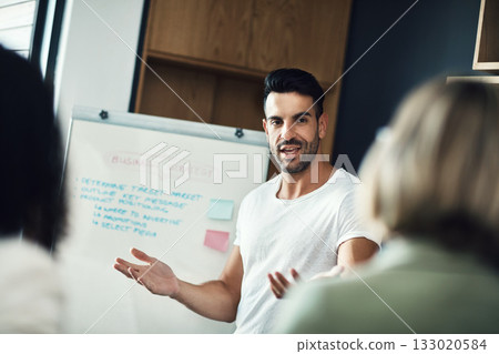 Presentation meeting, whiteboard and man explain strategy, business plan or brainstorming ideas, coaching or teaching team. Group mentor, coach or startup leader speaking to creative design staff Presentation meeting, whiteboard and man explain strategy, business plan or brainstorming ideas, coaching or teaching team. Group mentor, coach or startup leader speaking to creative design staff 133020584