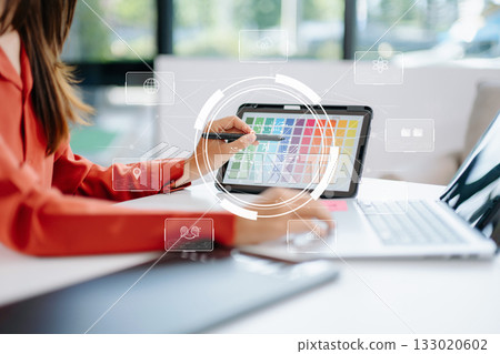 AI Artificial Intelligence. Business woman using AI technology for data analysis, coding computer language. 133020602