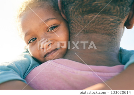 Face portrait, child or black family hug, embrace or bond on outdoor vacation for peace, freedom and quality time. Sunshine flare, love or African youth kid, father or people together in South Africa Face portrait, child or black family hug, embrace or bond on outdoor vacation for peace, freedom and quality time. Sunshine flare, love or African youth kid, father or people together in South Africa 133020614