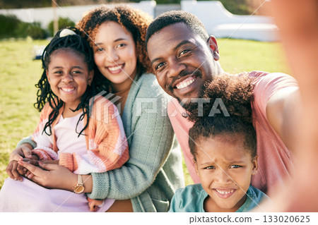 Selfie, black family and parents with kids, smile in backyard and outdoor weekend fun together. Happiness, love and sun, mother and father with happy children relax and quality time in summer garden. Selfie, black family and parents with kids, smile in backyard and outdoor weekend fun together. Happiness, love and sun, mother and father with happy children relax and quality time in summer garden. 133020625