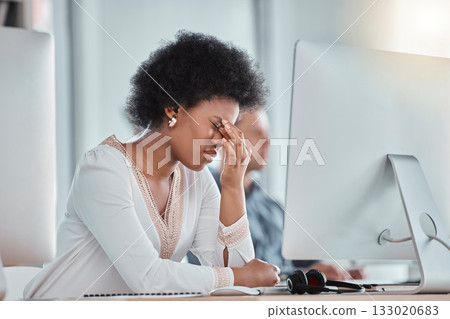 Tired, headache and woman on computer in office workspace with job depression, burnout and mental health risk. Business person working on desktop with workplace noise and stress, fatigue or migraine Tired, headache and woman on computer in office workspace with job depression, burnout and mental health risk. Business person working on desktop with workplace noise and stress, fatigue or migraine 133020683