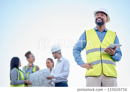 Black man or engineering manager outdoor planning, thinking of construction job or project management. Digital tablet, blueprint and leadership of architecture contractor or person on blue sky mockup 133020738
