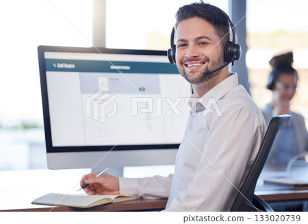 Man at call center, contact us and customer service job, employee smile and CRM, consultant in workplace. Professional, portrait and communication, male with headset with help desk and telemarketing Man at call center, contact us and customer service job, employee smile and CRM, consultant in workplace. Professional, portrait and communication, male with headset with help desk and telemarketing 133020739