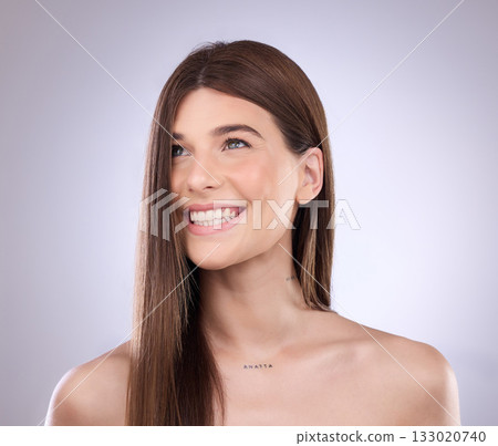 Idea, face smile and hair care of woman in studio isolated on a gray background. Natural cosmetics, thinking and happy female model with salon treatment for healthy keratin, beauty and hairstyle. 133020740