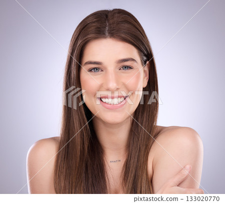 Beauty, face portrait and hair care of a woman in studio isolated on a background. Makeup cosmetics, growth and happy female model with salon treatment for healthy keratin, balayage and hairstyle. Beauty, face portrait and hair care of a woman in studio isolated on a background. Makeup cosmetics, growth and happy female model with salon treatment for healthy keratin, balayage and hairstyle. 133020770