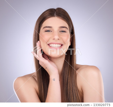 Face portrait, smile and hair care of a woman in studio isolated on a background. Natural cosmetics, growth and beauty of female model with salon treatment for healthy keratin, balayage and hairstyle Face portrait, smile and hair care of a woman in studio isolated on a background. Natural cosmetics, growth and beauty of female model with salon treatment for healthy keratin, balayage and hairstyle 133020773