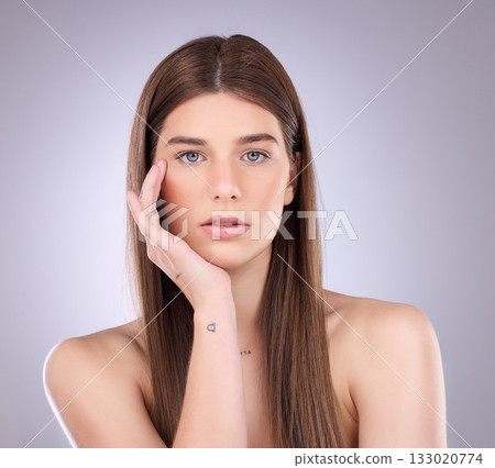 Beauty, face portrait and hair care of a woman in studio isolated on a background. Natural cosmetics, growth and female model with salon treatment for healthy keratin texture, balayage and hairstyle. Beauty, face portrait and hair care of a woman in studio isolated on a background. Natural cosmetics, growth and female model with salon treatment for healthy keratin texture, balayage and hairstyle. 133020774