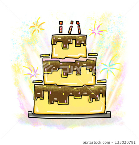 Block-style birthday cake in fireworks background cartoon illustration 133020791