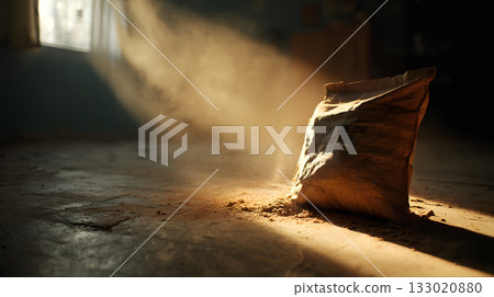 Dusty bag of flour resting on wooden floor with sunlight streaming through window 133020880