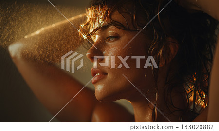 Beautiful woman with wet hair enjoying warm sunlight in a serene indoor environment 133020882