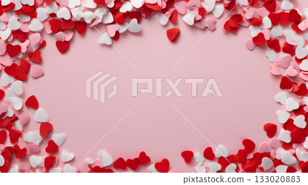 Colorful heart-shaped confetti arranged on a pink background with copy space for design 133020883
