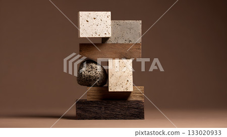 Abstract composition of geometric shapes made from wood and stone on a neutral background 133020933