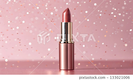 Beautiful pink lipstick stands on a shimmering surface against a sparkling backdrop in soft light 133021006
