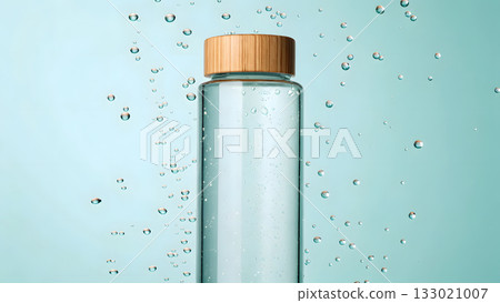 Clear glass water bottle with bamboo lid surrounded by bubbles in a calm blue setting 133021007