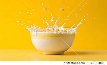 Pouring milk creates splash around cereal in a bright yellow bowl on a sunny morning Pouring milk creates splash around cereal in a bright yellow bowl on a sunny morning 133021008
