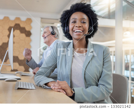 Call center, smile and portrait of confident black woman at computer with headset at help desk. Customer service consultant at online crm office, leader at advisory agency with diversity and success. Call center, smile and portrait of confident black woman at computer with headset at help desk. Customer service consultant at online crm office, leader at advisory agency with diversity and success. 133021142